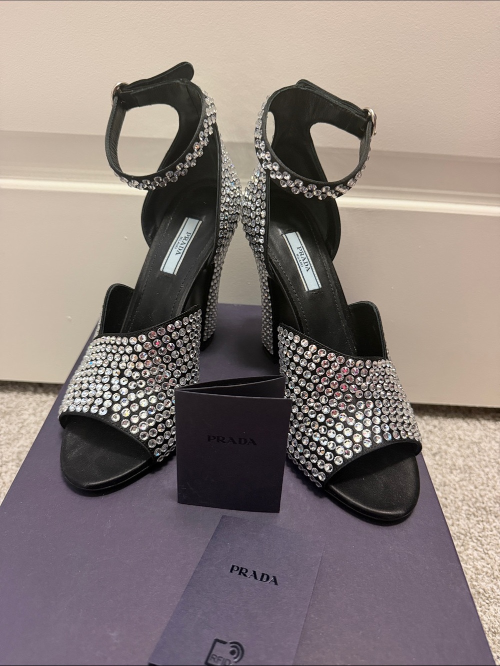Prada Black Crystal-Studded Open-Toe Ankle Strap Heels - Picture 6 of 6